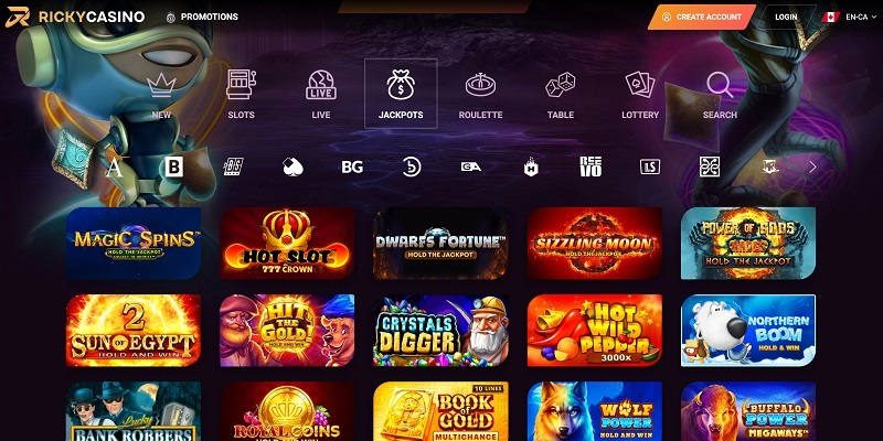 Ricky Casino homepage lobby view